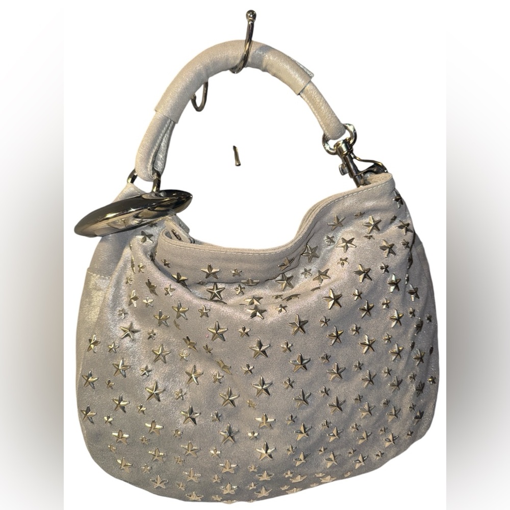 Jimmy Choo Silver Leather Star Studded Sky Bangle Hobo EUC w/ dustbag